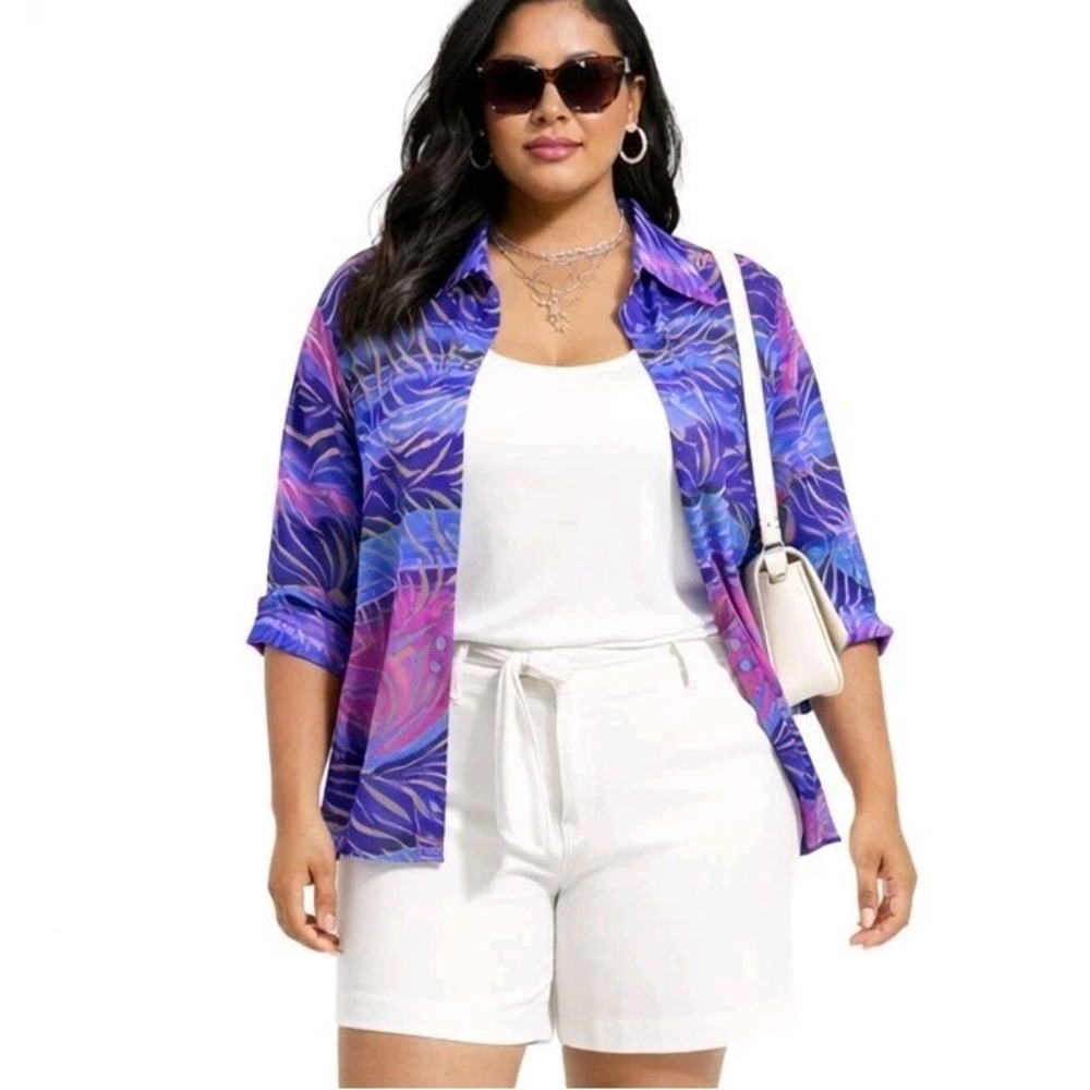 Vintage WEST END Size Large‎ Y2K Sheer Burnout Tropical Resort Wear Beach Blouse